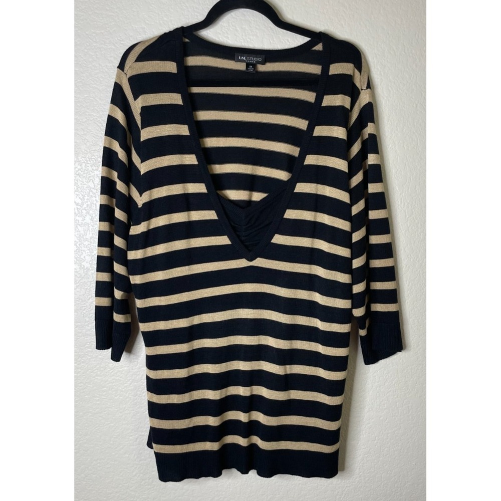 L.N. Studio Womens 2X Sweater Black Tan Striped V Neck 3/4 Sleeve Career Preppy